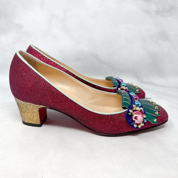 Christian Louboutin Shoes - Christian Louboutin Oaxacana 45 Glitter Studded Fringe Heeled Loafer Flat Shoes
